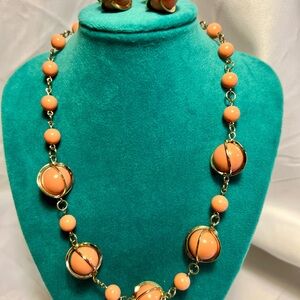 Pink Coral lucite beads necklace & earrings set, caged in gold tone metal frames